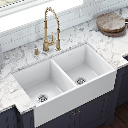 Ruvati 33"x18" Fireclay Farmhouse Apron-Front Kitchen Sink Double Bowl, Wht RVL2311WH